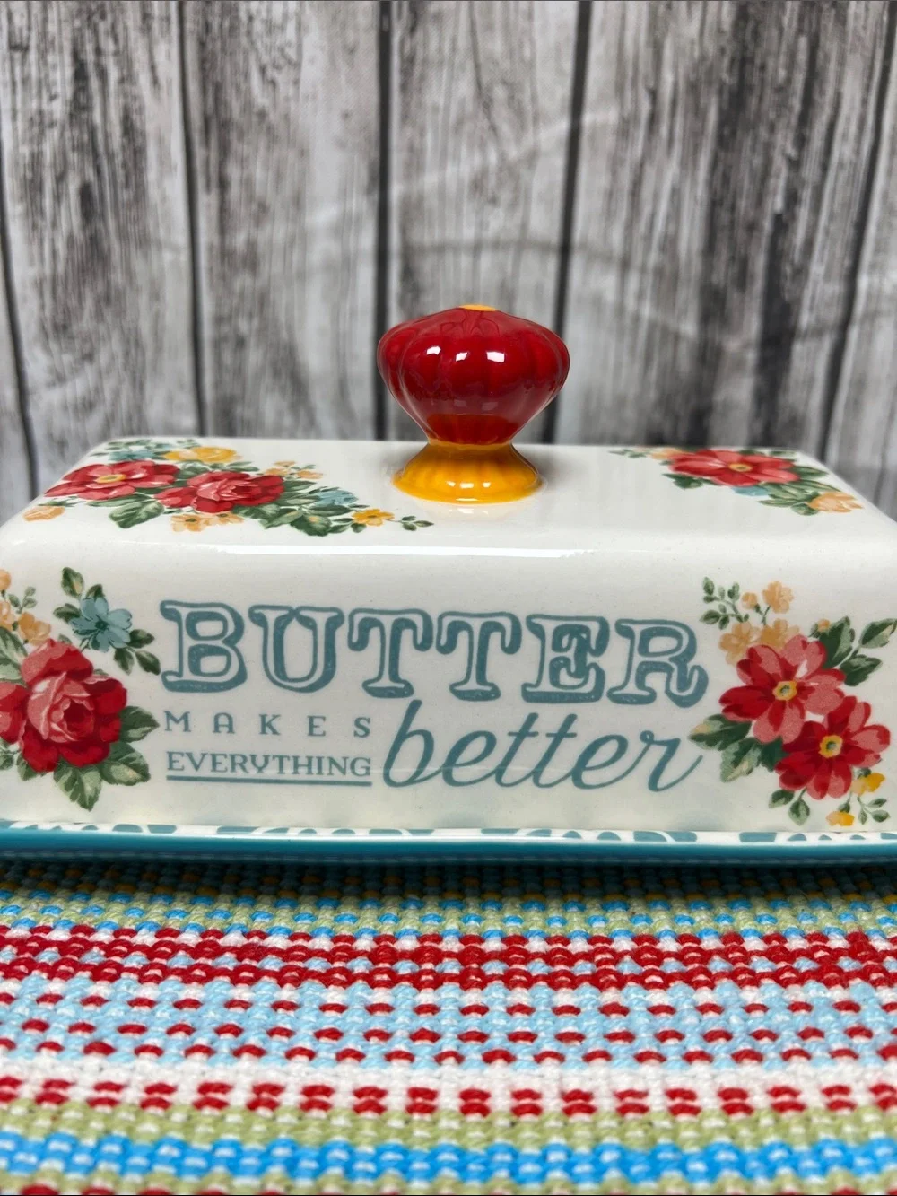 The Pioneer Woman Vintage Floral “Butter makes everything Better” butter dish